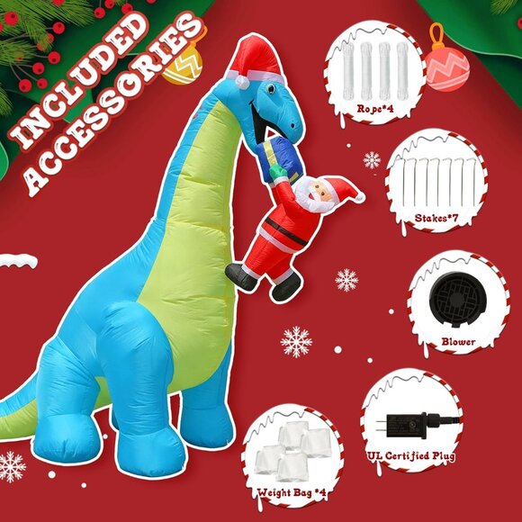 ⚡10FT Giant Christmas Inflatables Dinosaur with Santa Claus Outdoor Decorations - Picture 6 of 7